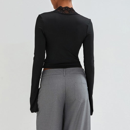 Slim V-Neck Lace Top – Women's Long-Sleeve Fashion Shirt