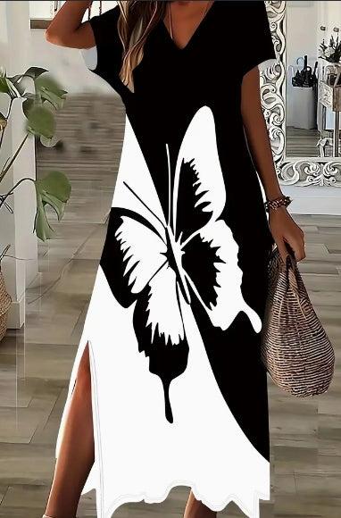 Elegant Women's Short Sleeve V-Neck Knit Fabric Dress With 3D Black And White Butterfly Print And Side Split Detail, Fit And Flare Maxi Dress For All Seasons