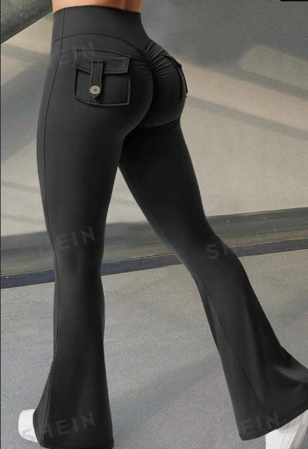 High-Waist Flared Yoga Pants – Slim Fit Workout Leggings with Pockets