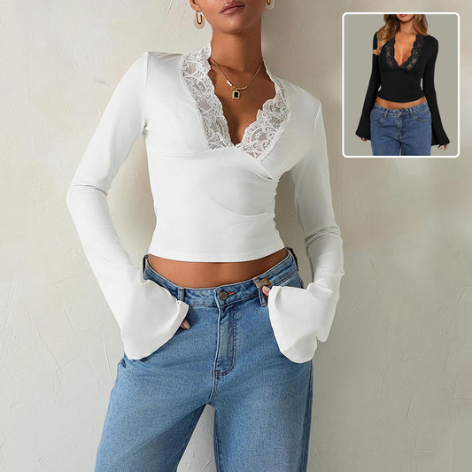 Slim V-Neck Lace Top – Women's Long-Sleeve Fashion Shirt